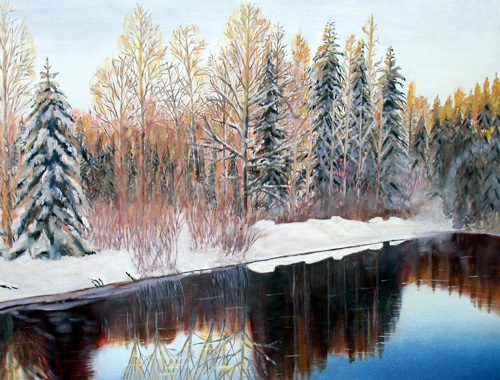 kuvassa maalaus luminen rantmaisema, puita ja sula järvi