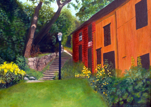 kuvassa maalaus jossa oranssi puurakennus ja kiviset portaat