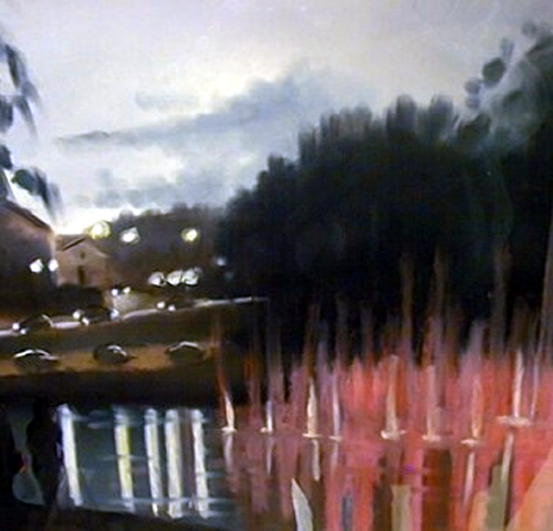 kuvassa akvarellityö, jossa lahden vesiurut iltahämärässä maisemassa