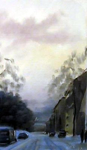 kuvassa akvarelli, jossa sinihämyinen katunäkymä ja pastellinpunertavia pilviä vaalealla taivaalla