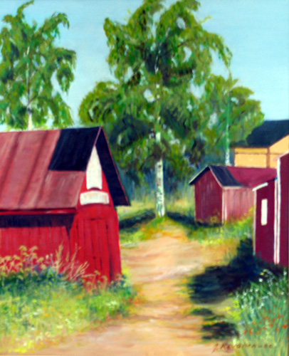 kuvassa maalaus jossa punaisia puurakennuksia, hiekkatie ja lehtipuita