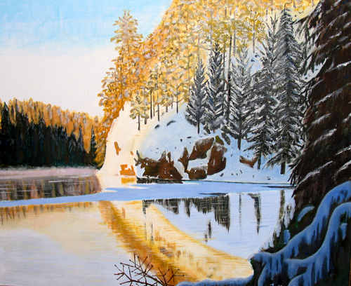 kuvassa maalaus jossa talvinen jokiamaisema ja kallio