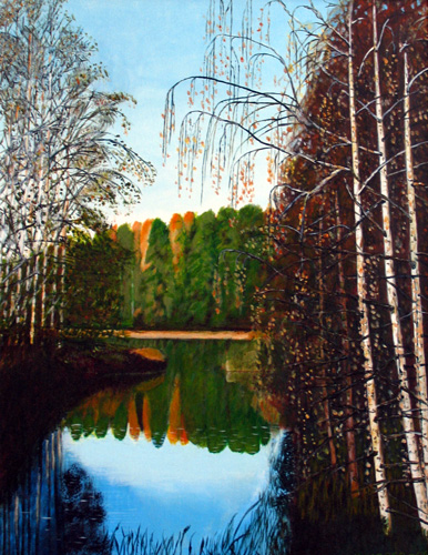 kuvassa maalaus tyyni järvi josta heijastuu vastarannan kuusikko, reunalla koivuja