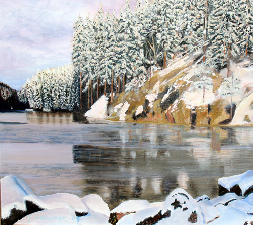 kuvassa maalaus jossa talvinen jokiamaisema ja kallio