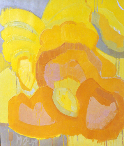 maalaus, jossa keltaisia suuria terälehtimäisiä kuvioita