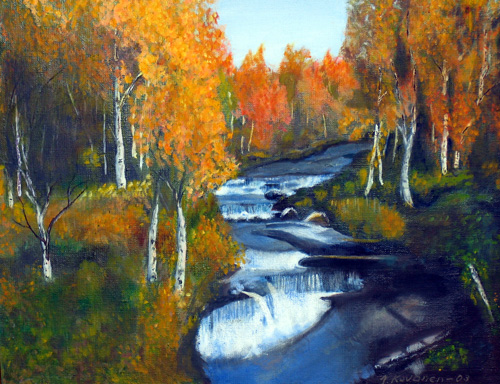 kuvassa maalaus jossa joki ja ruskan väreissä hehkuvia koivuja