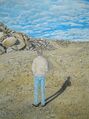 kuvassa maalus jossa mies rannalla pusakassa ja farkuissa miehen varjo piirtyy rantahiekkaan