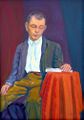 Kuvassa maalaus jossa mies nojaa punaisella kankaalla peitettyyn pyöreään pöytään ja lukee kirjaa