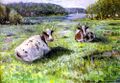 kuvassa kaksi lehmää makaa niityllä