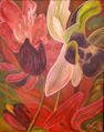 Kuvassa maalaus punaisia orkidean kukkia