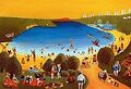kuvassa maalaus jossa järvenranta ja sen ympärillä kesäpäivää viettäviä ihmisiä]