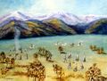 kuvassa maalaus jossa tiipii-leiri ja savuava nuotio laaksossa sekä luminen vuoristo taustalla
