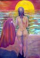 Kuvassa maalaus jossa alaston nainen on rantakalliolla menossa mereen kädessään punainen pyyhe taustalla auringonlasku