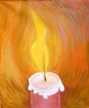 Kuvassa maalaus jossa iso keltainen tulenliekki punaisessa kynttilässä