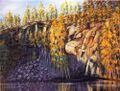 kuvassa maalaus, jossa vettä, kallio ja syksyisiä puita auringonvalossa