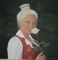 kuvassa maalaus jossa nutturapäinen vaaleahiuksien tyttö jolla punertava feresi, valkoinen kauluspaita ja kädessä valkoinen ruusu puolivartalokuva