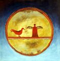 kuvassa maalaus, jossa yötaivas, keltainen ympyrä, jossa punainen reunus. Ympyrässä punainen lintuhahmo ja ihmishahmo