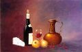 kuvassa maalaus, jossa juusto, viinipullo, punaviinilasi, kaksi keltaista omenaa ja savinen viinikarahvi
