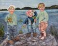 kuvassa Maalaus, jossa kolme pientä lasta rannalla