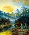 kuvassa maalaus jossa tiipiitä ja kanootteja laaksossa, taustalla vuoristo