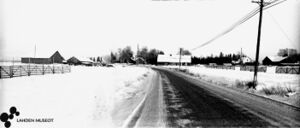 maisemakuva Renkomäestä jossa luminen tie,vasemmalla aita, oikealla sähköpylväitä taustalla asuinrakennuksia
