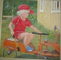 kuvassa maalaus jossa pieni lapsi lippalakki päässä ajaa leikkiautoa
