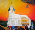 kuvassa maalaus jossa valkoinen kirkko jonka tornista roikkuu nainen ja mies taivas keltapunainen siellä synkkä pilvi ja ilmeisesti kotka