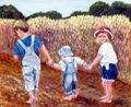 kuvassa Maalaus, jossa kolme pinetä lasta kävelee viljapellossa