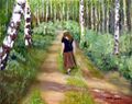 kuvassa Maalaus, jossa tyttö kävelee koivukujaa