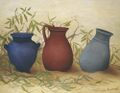 kuvassa maalaus, jossa sininen, ruskea ja siniharmaa ruukku rivissä ja taustalla oliivin lehtiä