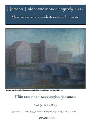 Näyttelyn mainoksessa Annikki Syyrilä-Sarralan teos "Maailmojen rajalla", öljy
