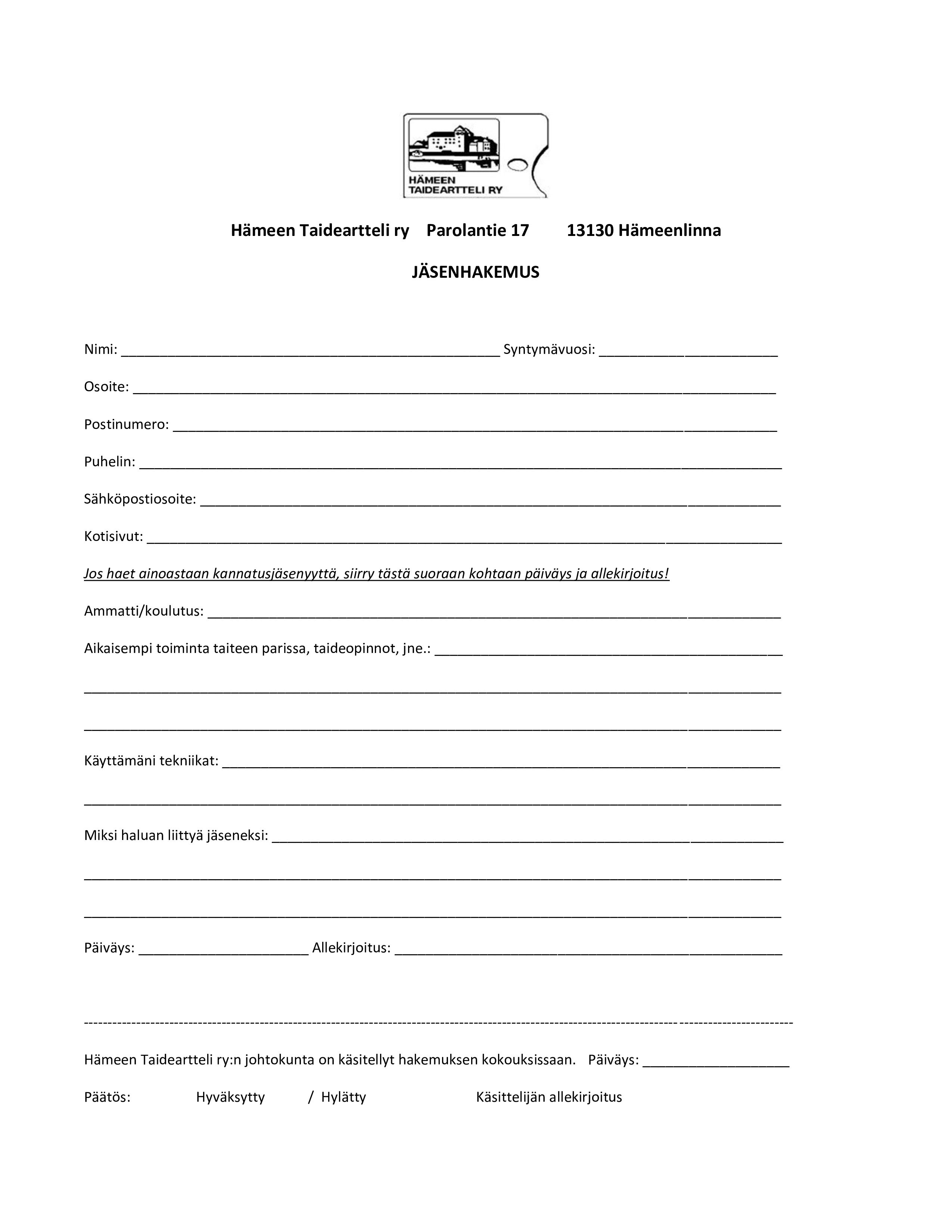 Hämeen Taideartteli ry jäsenhakemuslomake