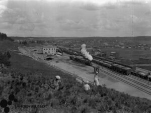 valokuvassa vaalea-asuisia hattupäisiä naisia rinteessä. Keskellä kuvaa rautatieasema, höyryjuna ja tavaravaunuja. Taustalla asutusta.