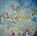 kuvassa maalaus, jossa talvinen pikkukaupunki, keltaisia ja punaisia pieniä taloja, lumen peittämiä puita ja kadulla ihmisiä ja pieni ruskea mäyräkoira