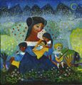 kuvassa maalaus, jossa meksikolainen, nutturapäinen nainen kukkakedolla pienten lasten ympäröimänä