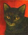 Kuvassa maalaus, jossa punainen tausta ja pieni mustanruskea keltasilmäinen kissa