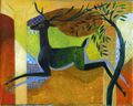 kuvassa on maalaus, jossa peuran hahmo ja taustalla puu ja valoa kajastava pylväs
