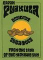 kuvassa juliste, jossa vaalenavihreällä taustalla puikulaperunoita ja aurinko sekä teksti delicious potatoes from the land of the mindnight sun