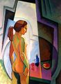 kuvassa abstrakti maalaus jossa alaston nainen, pöydällä viinipullo ja ilmeisesti omena