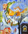 kuvassa maalaus, jossa talvinen pikkukaupunki, pieniä taloja sekä iso keltainen talo jonka ikkunoista kajastaa valo