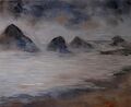 Kuva: maalaus jossa sumuinen merenranta ja kallioita
