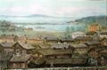 kuvassa maalaus, jossa puurakennusten kattoja, järvi, ja taustalla harjumaisema