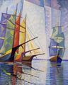 kuvassa maalaus jossa värikkäitä purjelaivoja sumuisella merellä