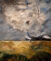 Kuva: maalaus jossa peltomaisema, pyykkinarulle pyykkipojalla kiinnitetty papaerilappu ja synkkä taivas