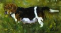 kuvasssa maalaus, jossa beagle-koira nurmikolla