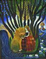 kuvassa maalaus, jossa pensaan alla leijona ja sitä paijaava punamekkoinen pitkähiuksinen nainen, etualalla vesiputous ja virtaavaa vettä sekä lumpeita. Taustalla pieni saari ja talo