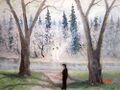 kuvassa kaksi puuta, jonka välistä näkyy vaaleapukuinen nainen, mies ja lapsihahmo metsänrajassa. Etualla mustiin pukeutunut baskeripäinen mies jolla on kädessä kukkakimppu.