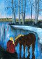kuvassa maalaus, jossa punatakkinen tyttö ja hevonen jäätyneen joen jäällä